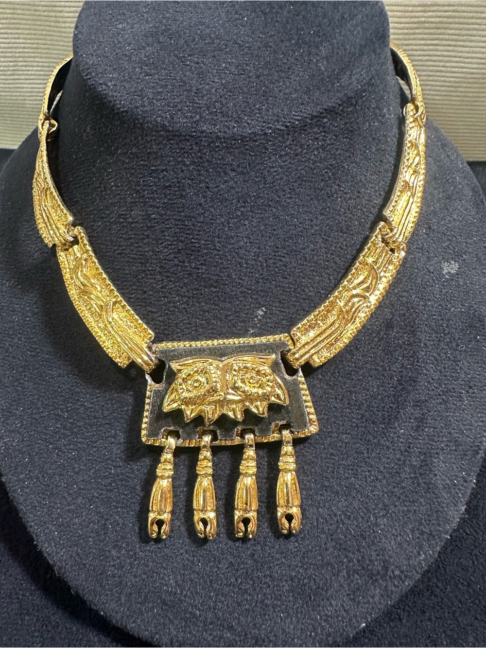 Vtg: Salvador Teran For Marbel Gold Plated Aztec Mayhem Mask Dnagle Choker